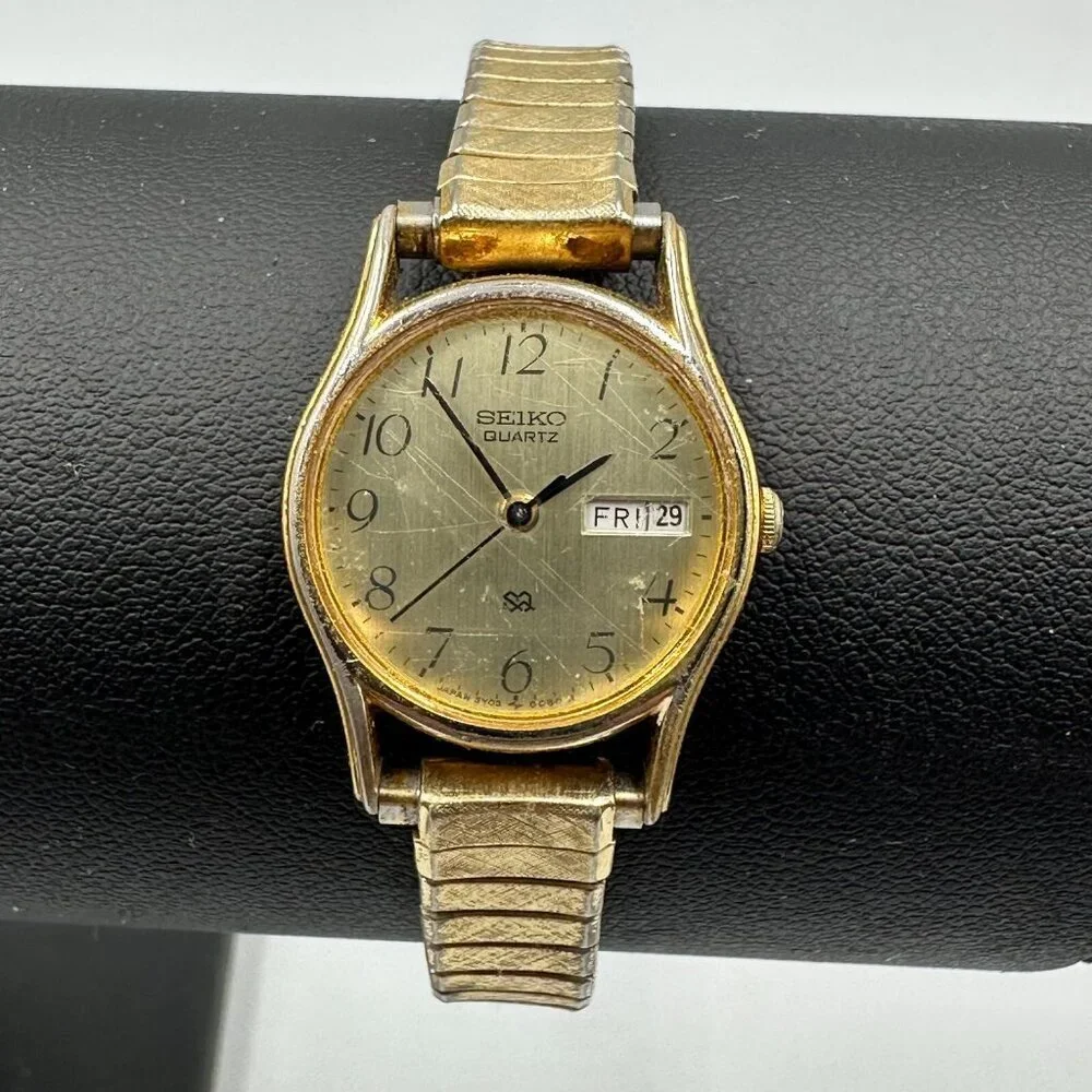 Vintage Seiko Watch Women Gold Tone Day Date Window Stretch Band Working 6.5